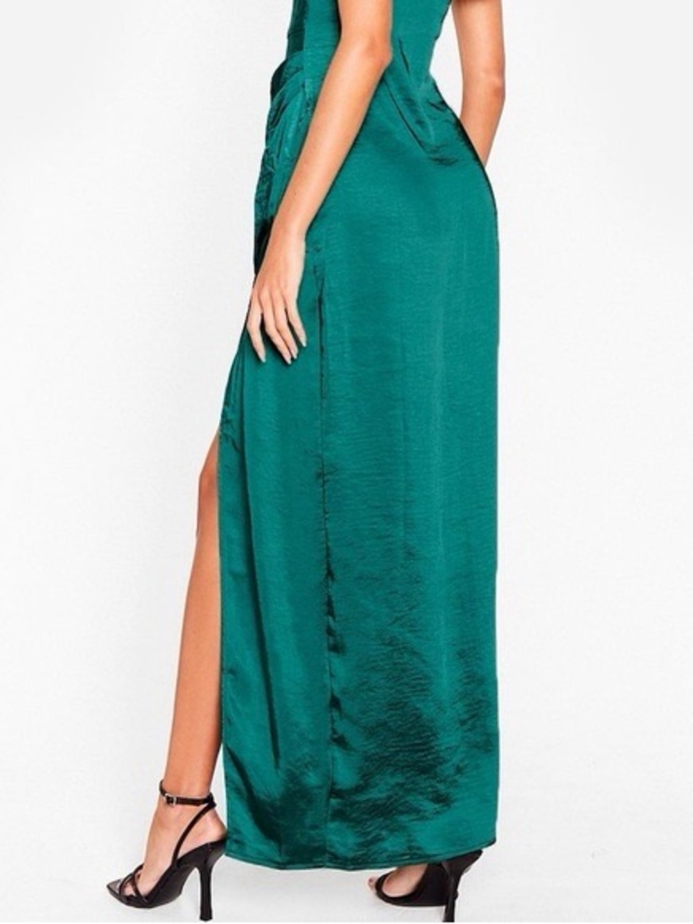 Emerald Satin Cowl Neck High-Slit Evening Dress - Picture 2 of 4